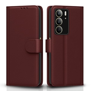 pikkme flip cover for realme c75  leather finish  shockproof with card pockets amp wallet stand  ultimate protection casebrown