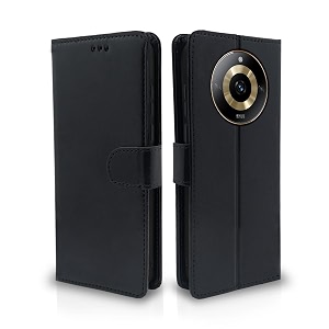 pikkme flip cover for realme narzo 60 5g leather finish  shockproof with card pockets amp wallet stand  ultimate protection case black