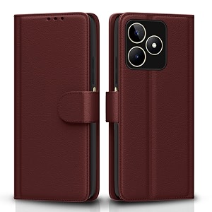 pikkme flip cover for realme narzo n53  leather finish  shockproof with card pockets amp wallet stand  ultimate protection casebrown
