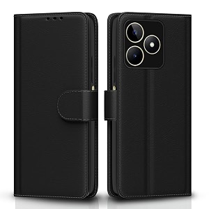 pikkme flip cover for realme narzo n53  leather finish  shockproof with card pockets amp wallet stand  ultimate protection caseblack