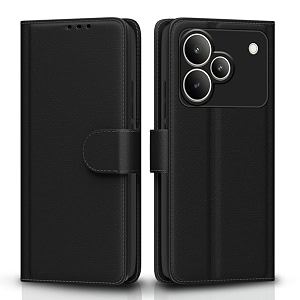 pikkme flip cover for realme p4 5g leather finish  inside tpu with card pockets  wallet stand and shock proof  complete protection flip caseblack