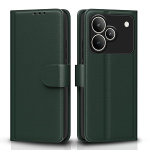 pikkme flip cover for realme p4 5g leather finish  inside tpu with card pockets  wallet stand and shock proof  complete protection flip casegreen