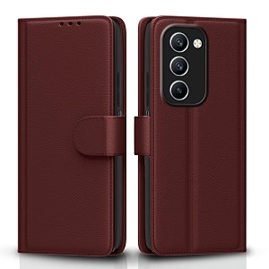 pikkme flip cover for realme p4 lite 5g  realme c83 5g leather finish  inside tpu with card pockets  wallet stand and shock proof  complete protection flip case brown
