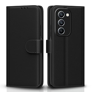 pikkme flip cover for realme p4 lite 5g  realme c83 5g leather finish  inside tpu with card pockets  wallet stand and shock proof  complete protection flip case black