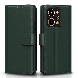pikkme flip cover for realme p4 power 5g leather finish  inside tpu with card pockets  wallet stand and shock proof  complete protection flip case green