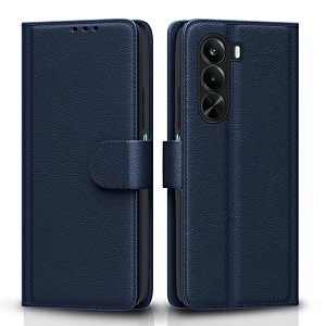 pikkme flip cover for realme p4x 5g leather finish  inside tpu with card pockets  wallet stand and shock proof  complete protection flip case blue