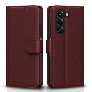 pikkme flip cover for realme p4x 5g leather finish  inside tpu with card pockets  wallet stand and shock proof  complete protection flip case brown