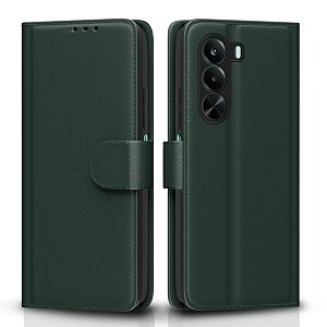pikkme flip cover for realme p4x 5g leather finish  inside tpu with card pockets  wallet stand and shock proof  complete protection flip case green