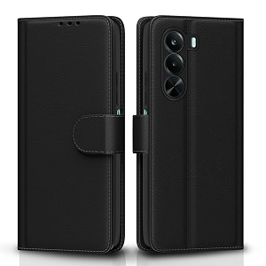 pikkme flip cover for realme p4x 5g leather finish  inside tpu with card pockets  wallet stand and shock proof  complete protection flip case black