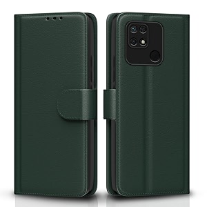 pikkme flip cover for redmi 10  redmi 10 power leather finish  inside tpu with card pockets  wallet stand and shock proof  complete protection flip case green