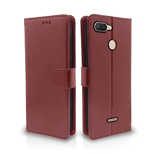 pikkme flip cover for redmi 6  leather finish  shockproof with card pockets amp wallet stand  ultimate protection case brown