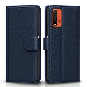 pikkme flip cover for redmi 9 power  leather finish  shockproof with card pockets amp wallet stand  ultimate protection case blue