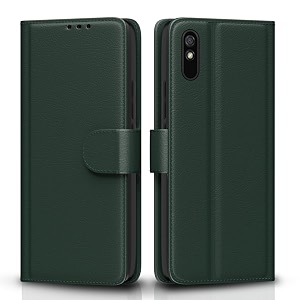 pikkme flip cover for redmi 9a  9i  9a sport  leather finish  shockproof with card pockets amp wallet stand  ultimate protection case green