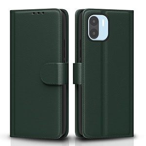 pikkme flip cover for redmi a1  redmi a2 leather finish  inside tpu with card pockets  wallet stand and shock proof  complete protection flip case green