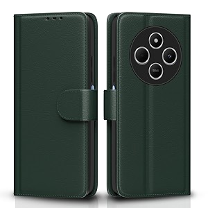 pikkme flip cover for redmi a4 5g  redmi 14c 5g  poco c75 5g leather finish  inside tpu with card pockets  wallet stand and shock proof  complete protection flip case green