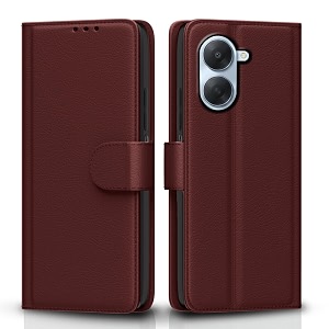 pikkme flip cover for redmi a7 leather finish  inside tpu with card pockets  wallet stand and shock proof  complete protection flip case brown
