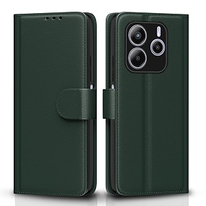 pikkme flip cover for redmi note 14 5g leather finish  inside tpu with card pockets  wallet stand and shock proof  complete protection flip case green