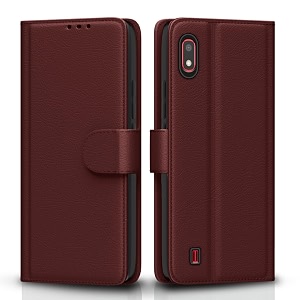 pikkme flip cover for samsung galaxy a10 leather finish  shockproof with card pockets amp wallet stand  ultimate protection casebrown