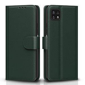 pikkme flip cover for samsung galaxy a22 5g  f42 5g leather finish  inside tpu with card pockets  wallet stand and shock proof  complete protection flip case green