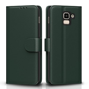 pikkme flip cover for samsung galaxy j6 2018 leather finish  inside tpu with card pockets  wallet stand and shock proof  complete protection flip case green