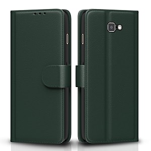 pikkme flip cover for samsung galaxy j7 prime leather finish  inside tpu with card pockets  wallet stand and shock proof  complete protection flip casegreen