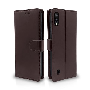 pikkme flip cover for samsung galaxy m10  leather finish  shockproof with card pockets amp wallet stand  ultimate protection casecoffee