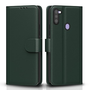 pikkme flip cover for samsung galaxy m11 leather finish  inside tpu with card pockets  wallet stand and shock proof  complete protection flip case green