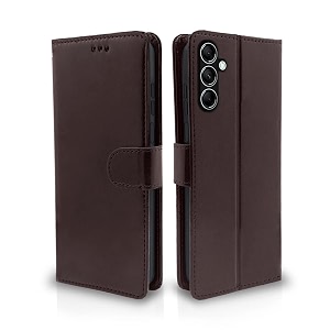 pikkme flip cover for samsung galaxy m14 5g  leather finish  shockproof with card pockets amp wallet stand  ultimate protection case coffee