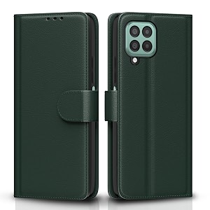 pikkme flip cover for samsung galaxy m33 5g leather finish  inside tpu with card pockets  wallet stand and shock proof  complete protection flip case green