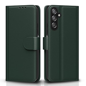 pikkme flip cover for samsung galaxy m35 5g leather finish  inside tpu with card pockets  wallet stand and shock proof  complete protection flip case green