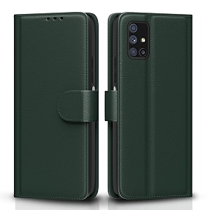 pikkme flip cover for samsung galaxy m51  leather finish  shockproof with card pockets amp wallet stand  ultimate protection case green