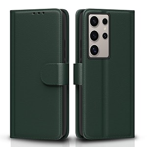 pikkme flip cover for samsung galaxy s24 ultra 5g leather finish  inside tpu with card pockets  wallet stand and shock proof  complete protection flip case green