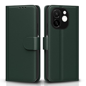 pikkme flip cover for tecno spark 30c 5g leather finish  inside tpu with card pockets  wallet stand and shock proof  complete protection flip casegreen