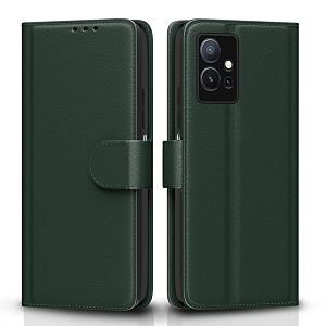 pikkme flip cover for vivo t1 5g  vivo y75 5g  iqoo z6 5g leather finish  inside tpu with card pockets  wallet stand and shock proof  complete protection flip casegreen