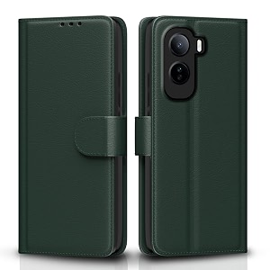 pikkme flip cover for vivo t5 pro 5g leather finish  inside tpu with card pockets  wallet stand and shock proof  complete protection flip case green