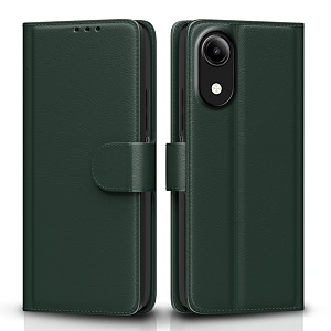 pikkme flip cover for vivo t5e leather finish  inside tpu with card pockets  wallet stand and shock proof  complete protection flip case green