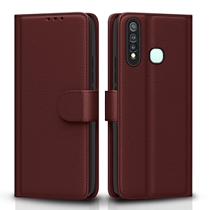 pikkme flip cover for vivo u20  y19 leather finish  shockproof with card pockets amp wallet stand  ultimate protection case brown