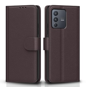 pikkme flip cover for vivo v23 5g leather finish  inside tpu with card pockets  wallet stand and shock proof  complete protection flip case coffee