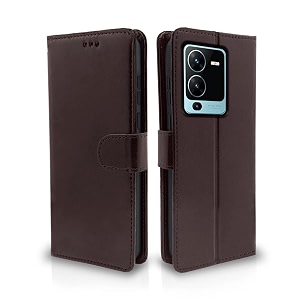 pikkme flip cover for vivo v25 pro 5g  leather finish  shockproof with card pockets amp wallet stand  ultimate protection case coffee