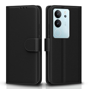 pikkme flip cover for vivo v29  v29 pro 5g leather finish  shockproof with card pockets amp wallet stand  ultimate protection case black