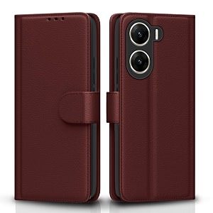 pikkme flip cover for vivo v29e flip cover for vivo v29e  leather finish  shockproof with card pockets amp wallet stand  ultimate protection case brown