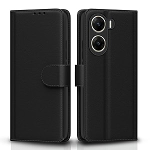 pikkme flip cover for vivo v29e leather finish  shockproof with card pockets amp wallet stand  ultimate protection caseblack