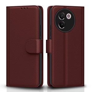 pikkme flip cover for vivo v30e 5g  leather finish  shockproof with card pockets amp wallet stand  ultimate protection casebrown