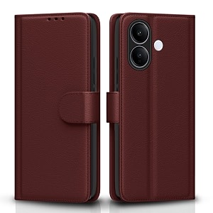 pikkme flip cover for vivo v60 lite 5g leather finish  inside tpu with card pockets  wallet stand and shock proof  complete protection flip casebrown