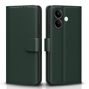 pikkme flip cover for vivo v60 lite 5g leather finish  inside tpu with card pockets  wallet stand and shock proof  complete protection flip casegreen