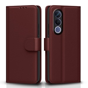pikkme flip cover for vivo v70 fe 5g leather finish  inside tpu with card pockets  wallet stand and shock proof  complete protection flip case brown