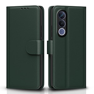 pikkme flip cover for vivo v70 fe 5g leather finish  inside tpu with card pockets  wallet stand and shock proof  complete protection flip case green