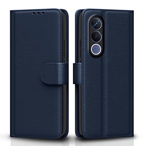 pikkme flip cover for vivo v70 fe 5g leather finish  inside tpu with card pockets  wallet stand and shock proof  complete protection flip case blue