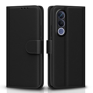 pikkme flip cover for vivo v70 fe 5g leather finish  inside tpu with card pockets  wallet stand and shock proof  complete protection flip case black
