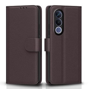 pikkme flip cover for vivo v70 fe 5g leather finish  inside tpu with card pockets  wallet stand and shock proof  complete protection flip case coffee